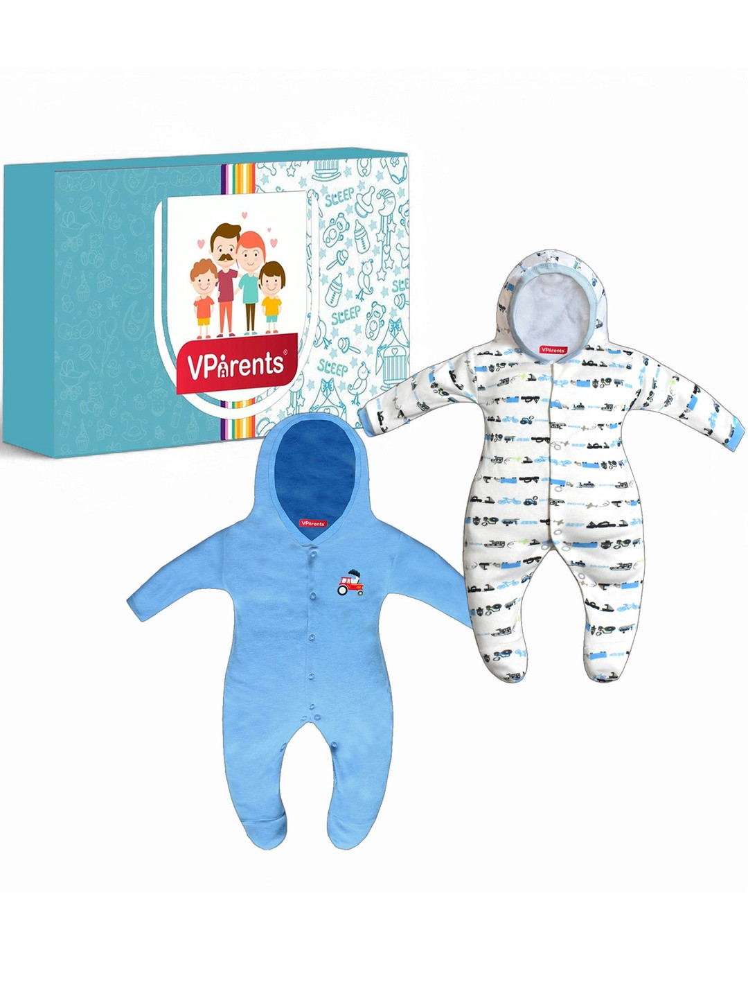 VParents Kids Pack of 2 Hooded Full Sleeve Cotton Baby Footies Rompers