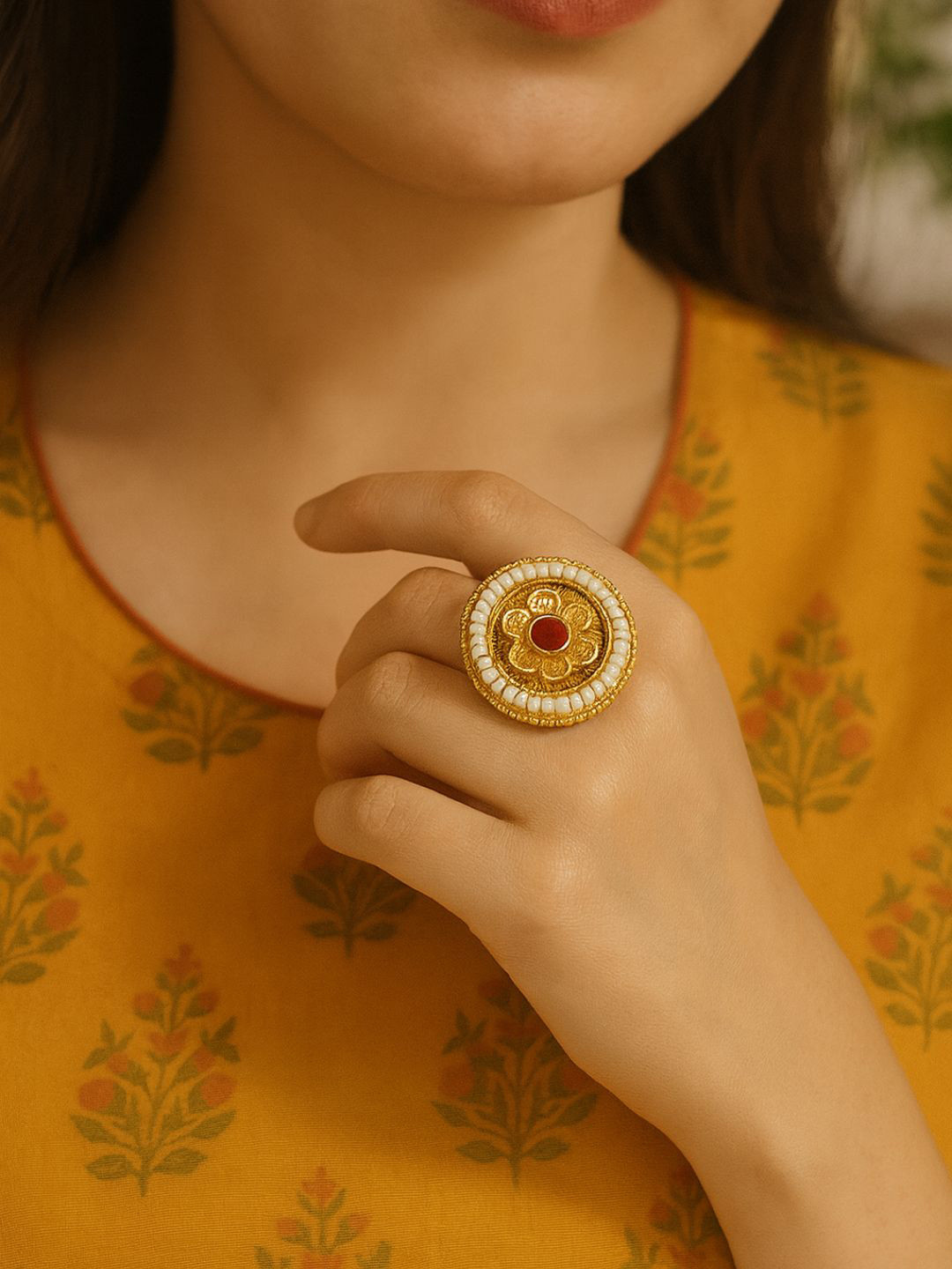 I Jewels Pearl Embellishment Adjustable Finger Ring