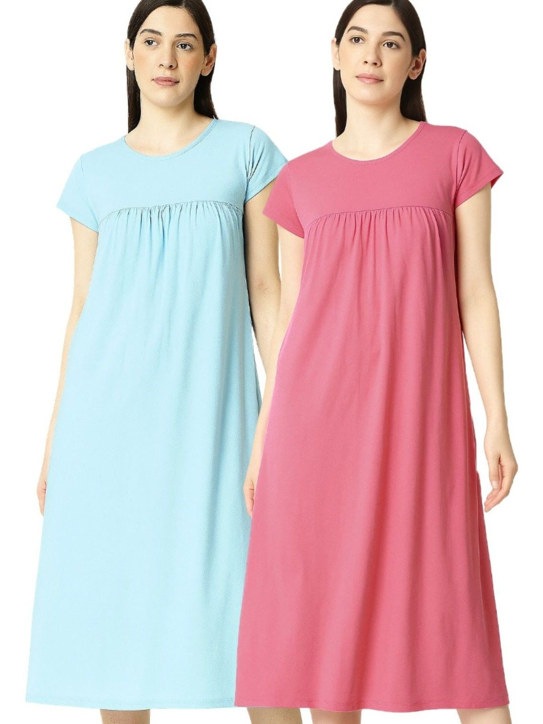zebu Pack Of 2 Round Neck Half Sleeve Pure Cotton Nightdress