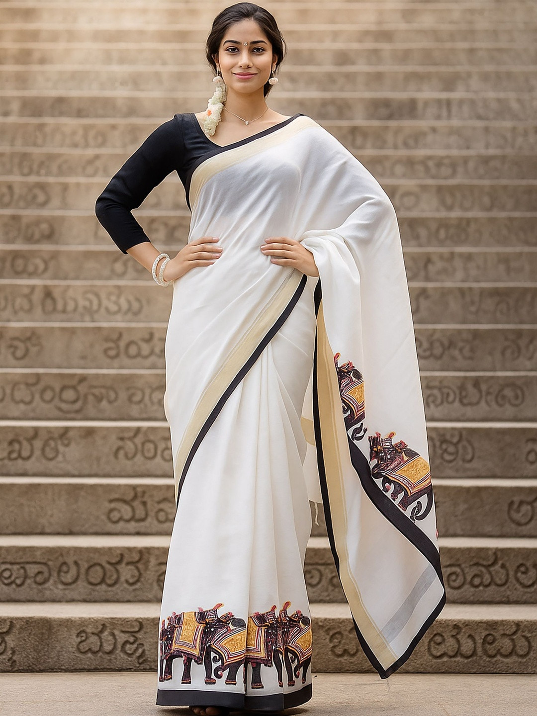 BerMondsey Solid Printed With Woven Design Border Block Print Saree
