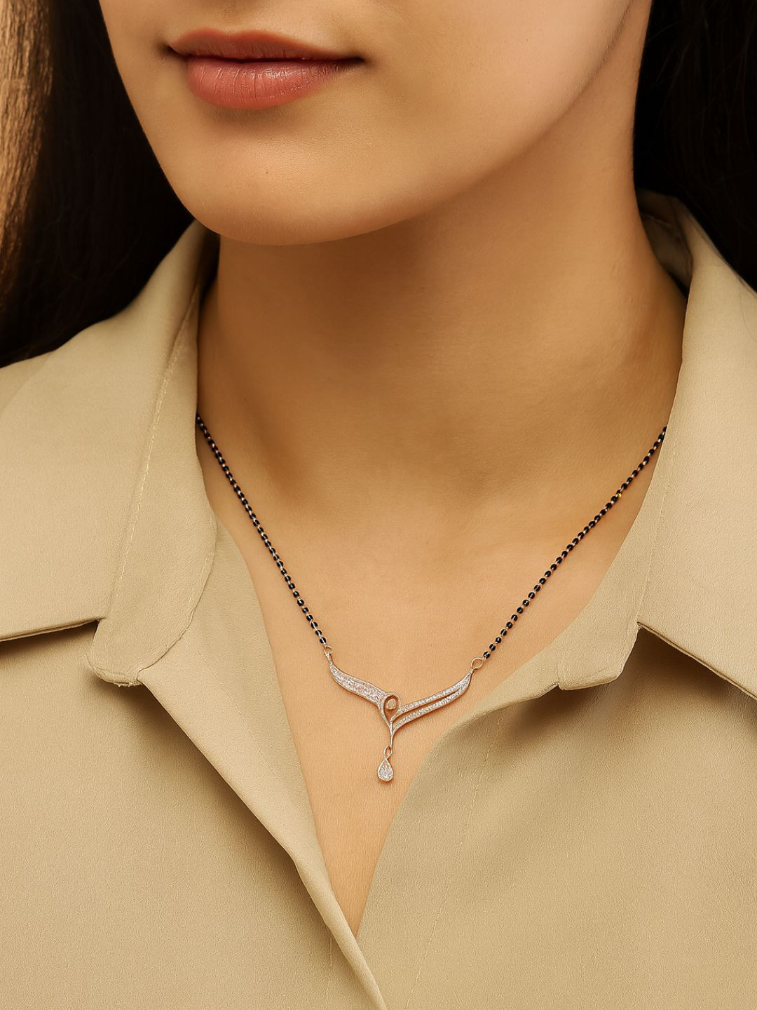 I Jewels Rose Gold Plated & Black Studded Mangalsutra