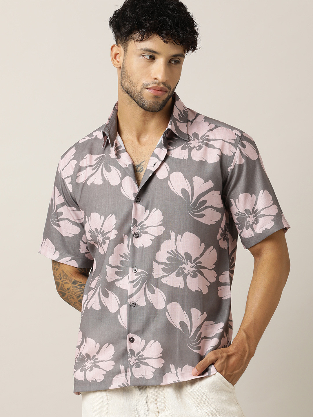 Paper Cut Relaxed Fit Floral Printed Spread Collar Linen Shirt