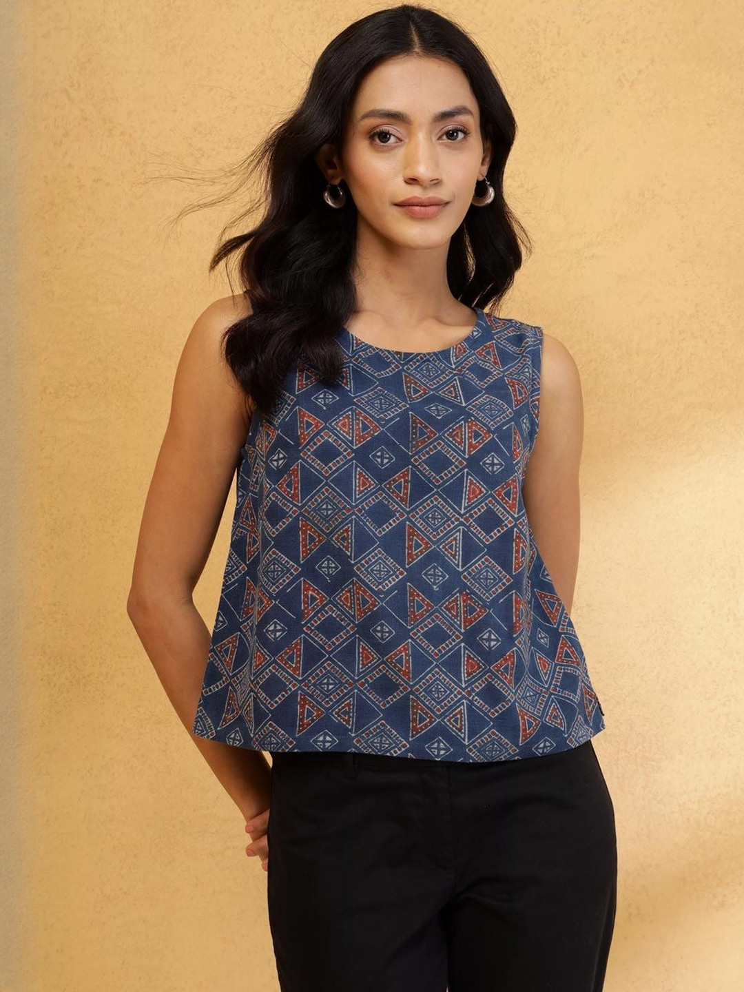 Fabindia Geometric Printed Cotton Round Neck Sleeveless Top