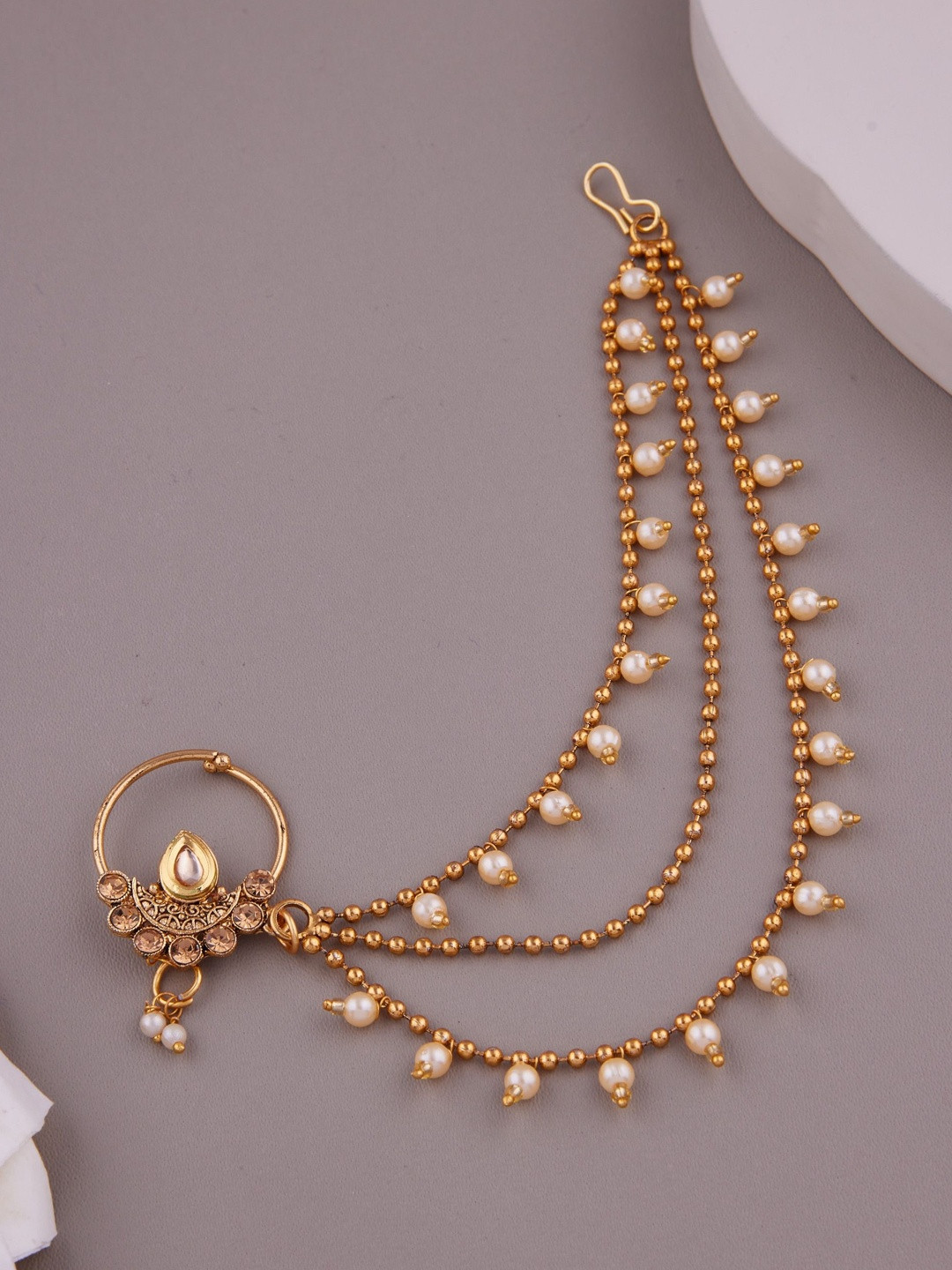 GC PREMIUM JEWELLERY Gold-Plated CZ Studded And Pearls Beaded Ring Nosepin With Chain