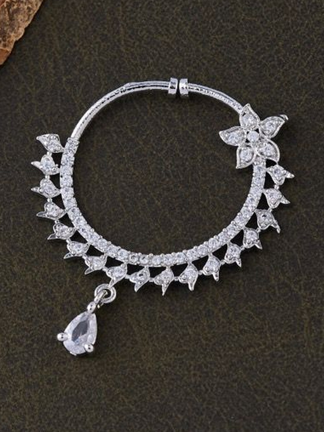 GC PREMIUM JEWELLERY Silver-Plated Cubic Zirconia Studded Floral Ring Nosepin