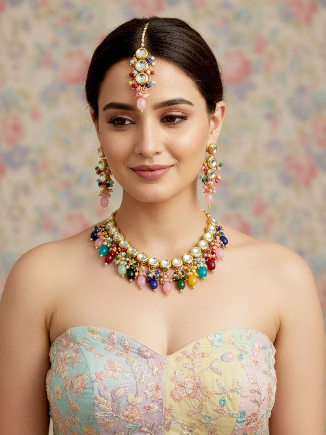 LUCKY JEWELLERY 18K Gold-Plated Meenakari Kundan Stone Studded & Beaded Choker Set