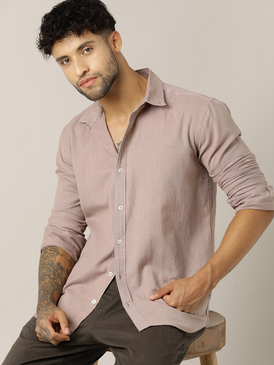 Paper Cut Relaxed Spread Collar Roll-Up Sleeves Cotton Shirt