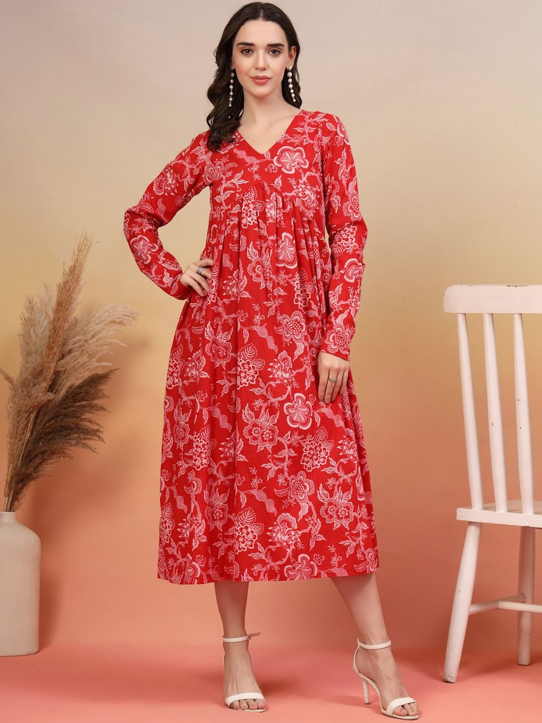 KALINI Women Floral Printed V-Neck Gathered or Pleated Long Sleeves A-Line Midi Dress