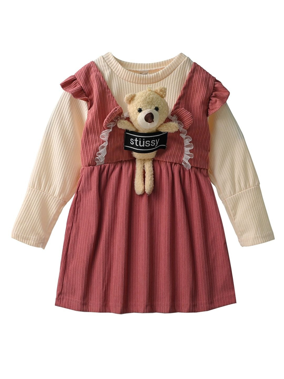 Bold N Elegant Girls Colourblocked Round Neck Pinafore Dress With Teddy