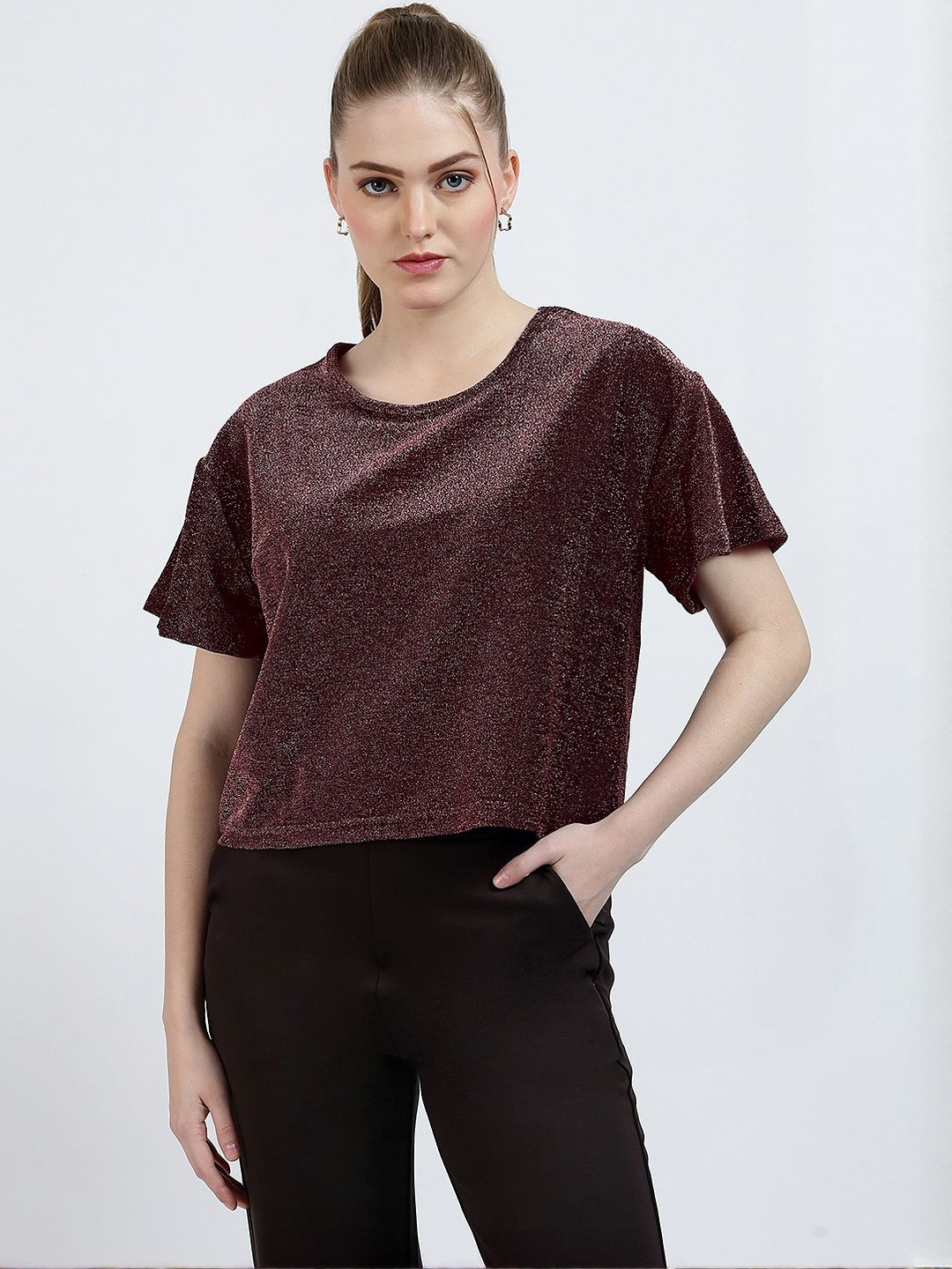 SZN Women Glitter Mesh Tee Short Sleeve Crop Tops