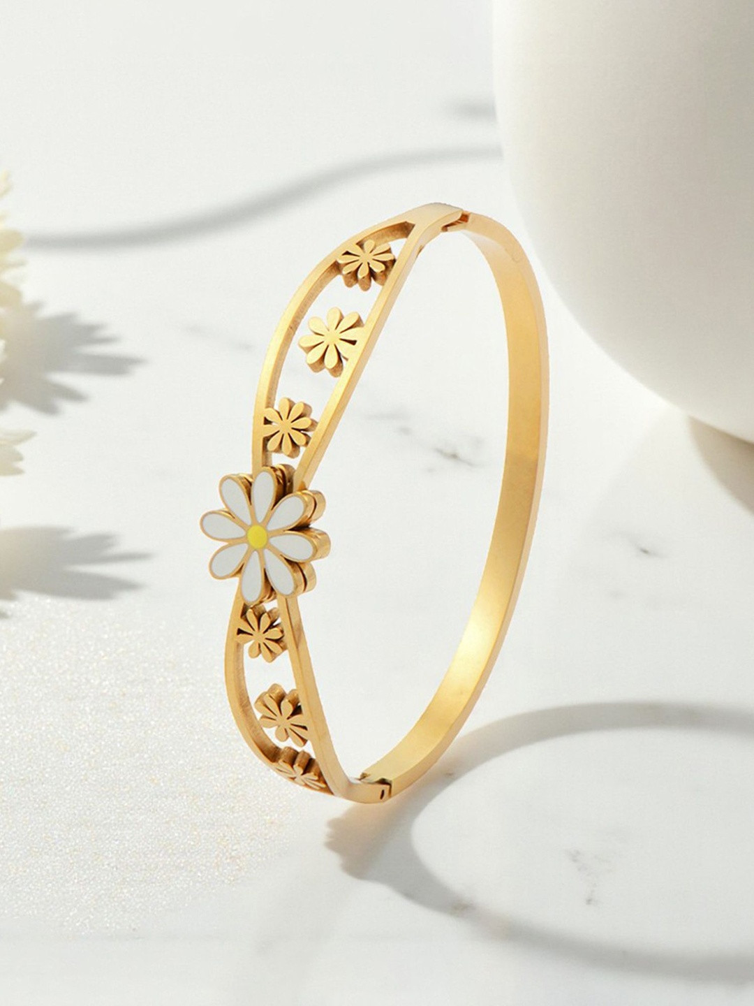 Designs & You Stainless Steel Gold-Plated Artificial Stones Studded Bangle-Style Bracelet