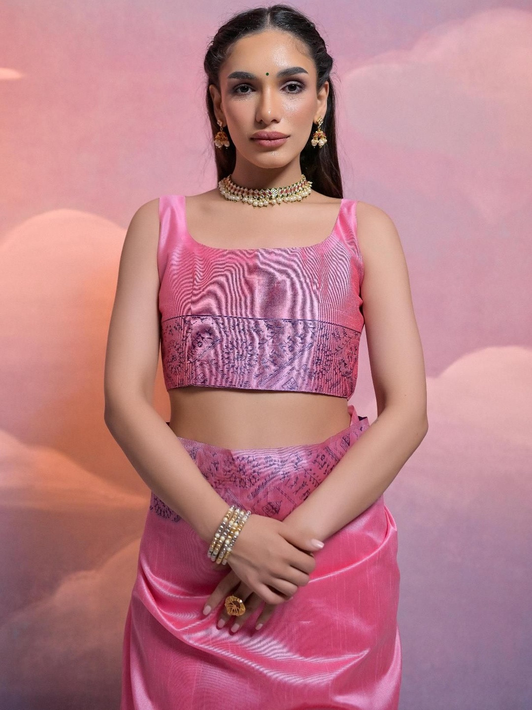 NIKATT Solid Sari With Warli Printed Border