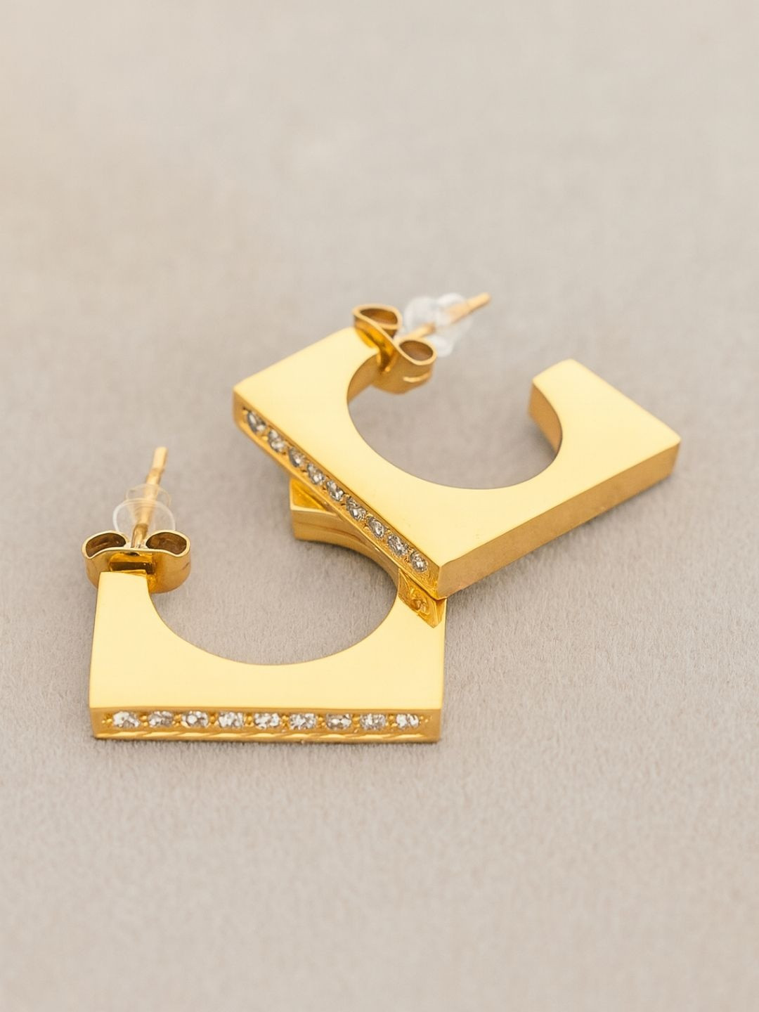 RaasRani Gold-Plated Stainless Steel Cubic Zirconia Square Half Hoop Earrings