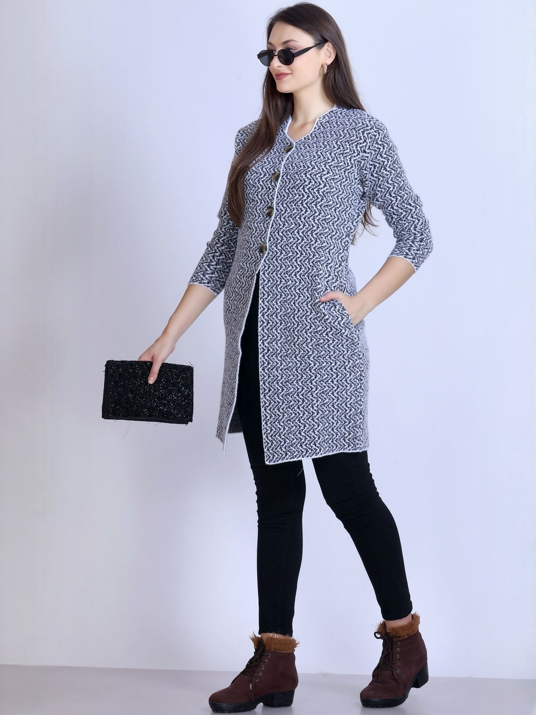 Roadster Women Grey Printed Woolen Longline Coat Style Cardigan