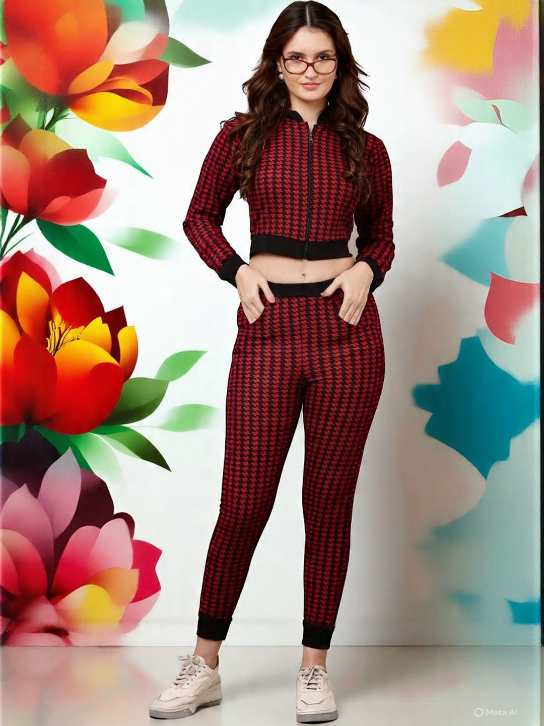 Moda Rapido Self Design Zipper Crop Top with Joggers Co-Ords