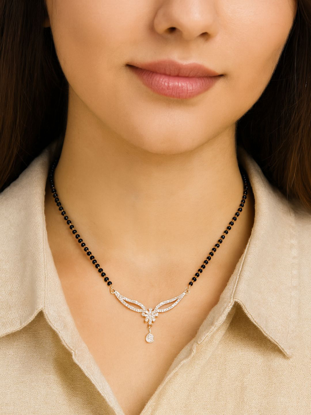 I Jewels Rhodium Plated & Black Studded Mangalsutra
