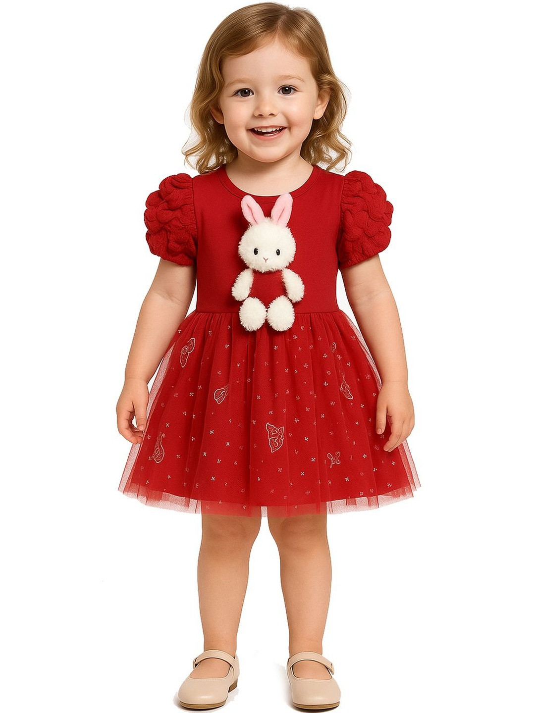 Bold N Elegant Bunny Plush Girls Embellished Puff Sleeve Applique Tulle Fit & Flare Dress