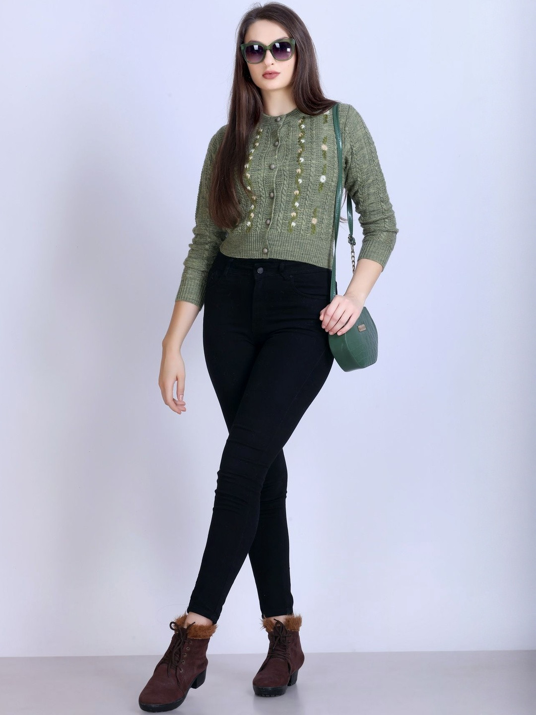 The Roadster Life Co. Floral Embroidered Long Sleeves Woolen Cable Knit Cardigan