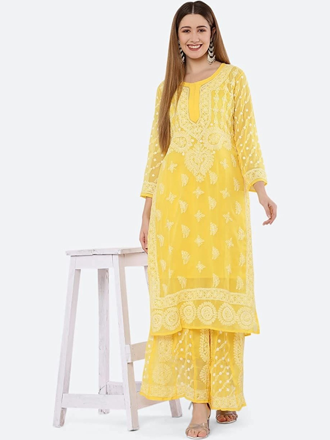 KHAKA Women Ethnic Motifs Embroidered Regular Chikankari Kurta Set