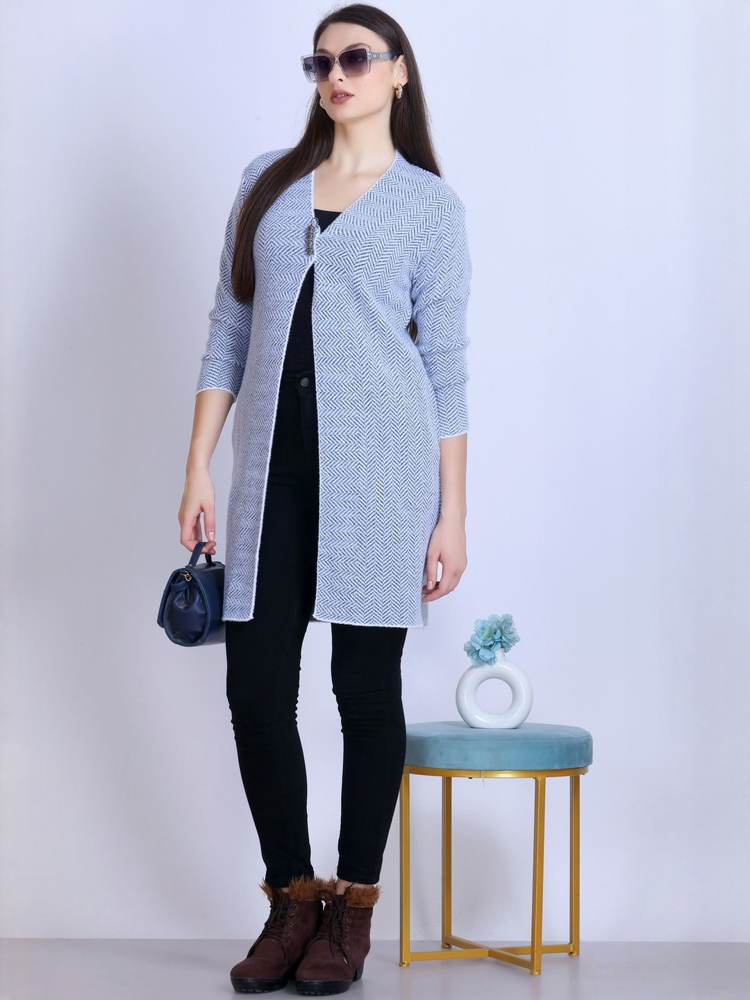 Roadster Women Self Design Long Coat Style Cardigan