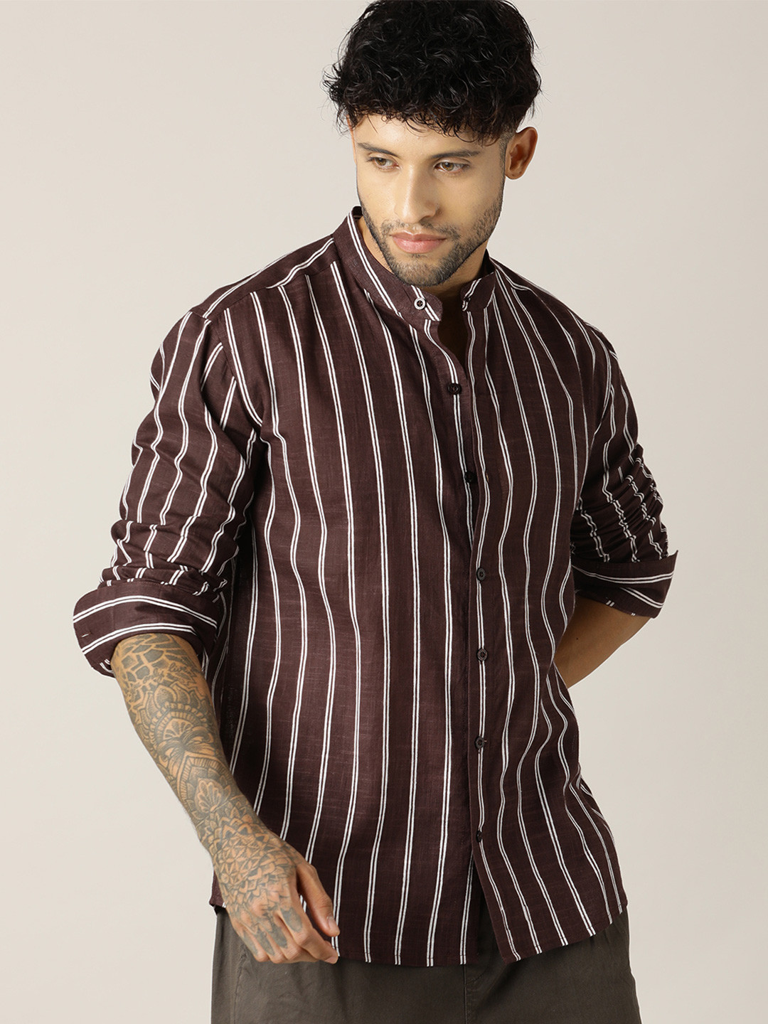 Paper Cut Relaxed Striped Mandarin Collar Roll-Up Sleeves Cotton Shirt