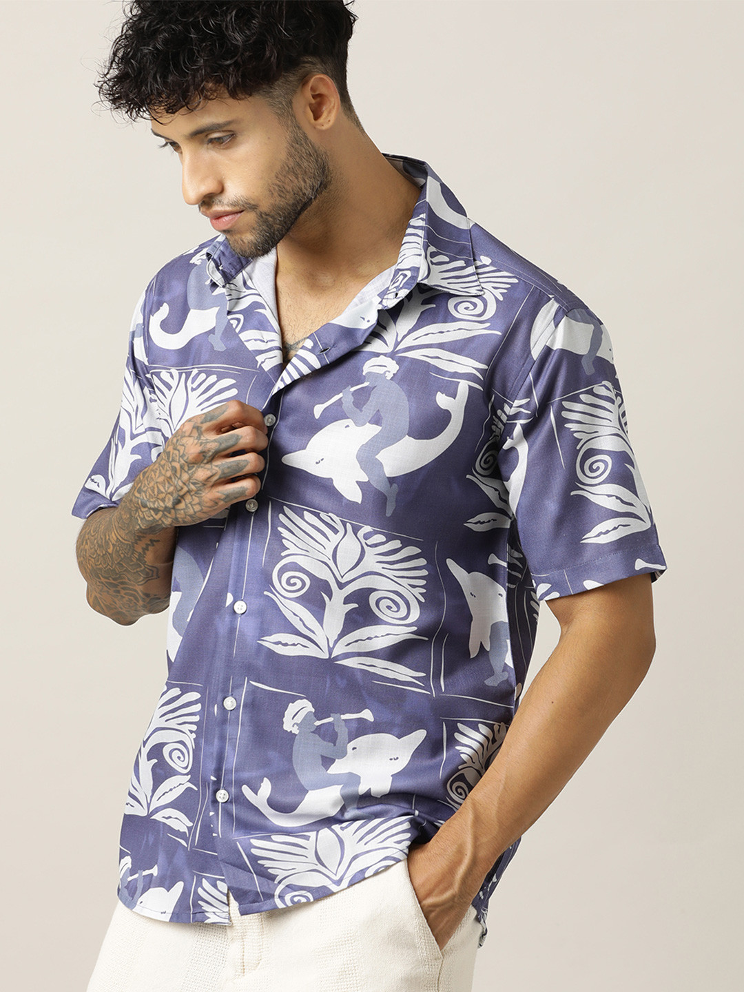 Paper Cut Relaxed Fit Floral Printed Spread Collar Linen Shirt