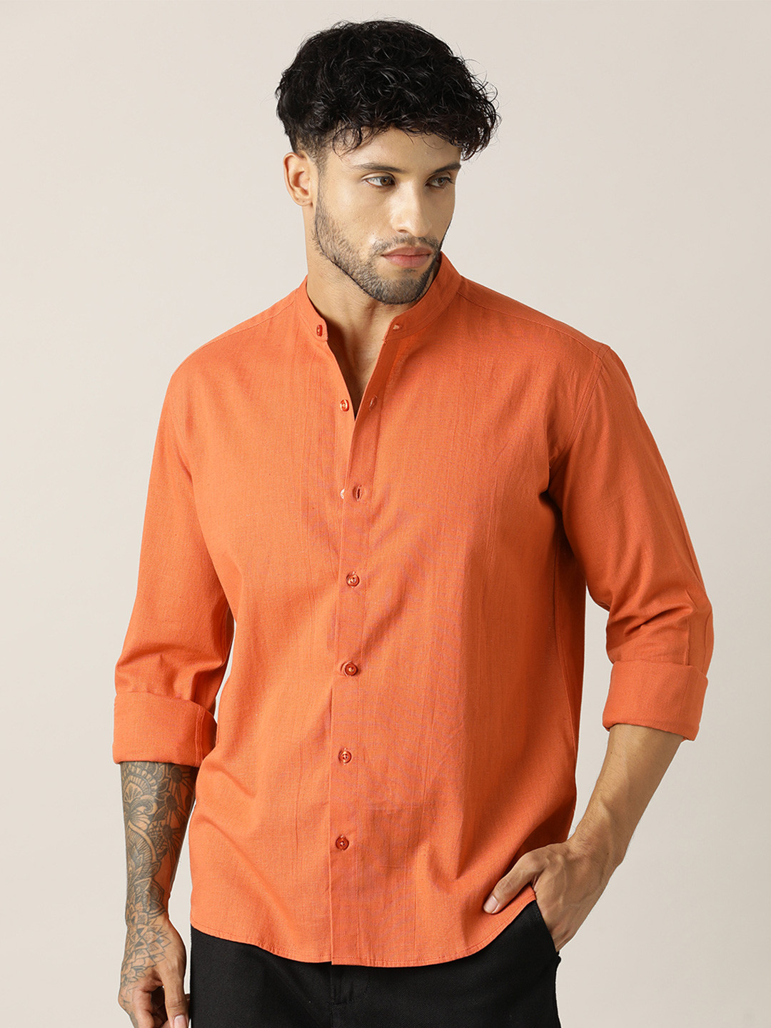 Paper Cut Relaxed Fit Band Collar Cotton Shirt