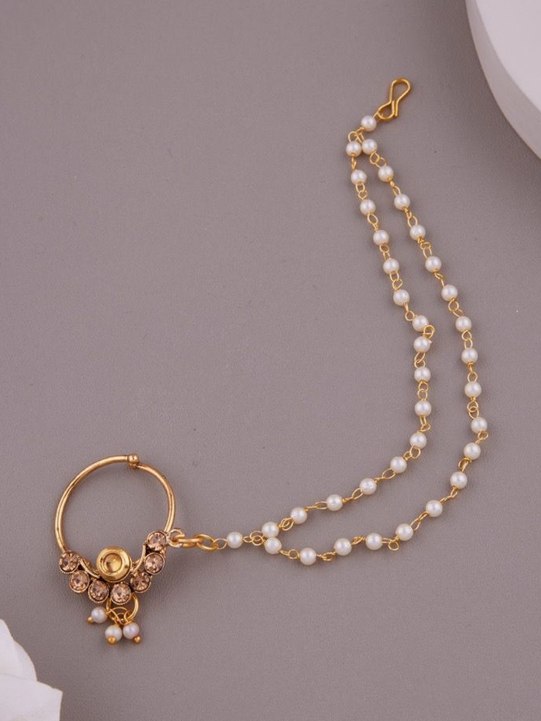 GC PREMIUM JEWELLERY Gold-Plated CZ Studded And Pearls Beaded Ring Nosepin With Chain