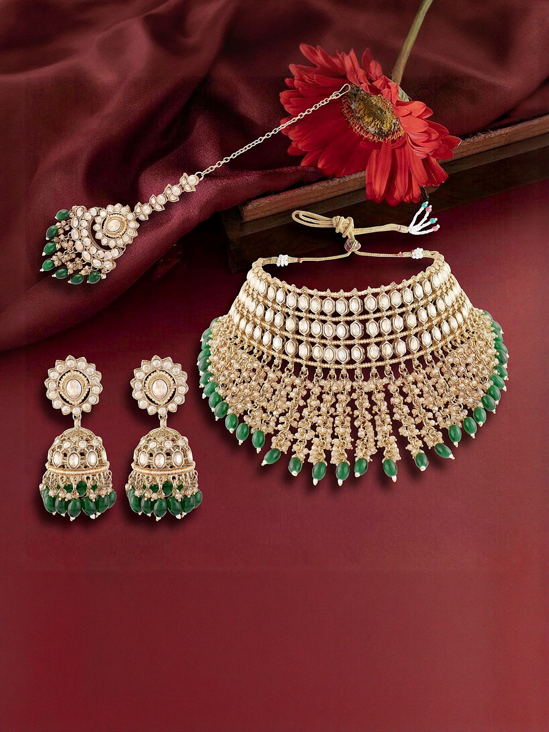 SAMC Gold Plated Stones Studded & Beaded Jewellery Set