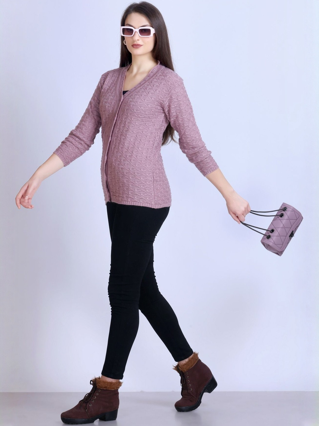 Roadster Women Mauve Wool Embroidered Cardigan