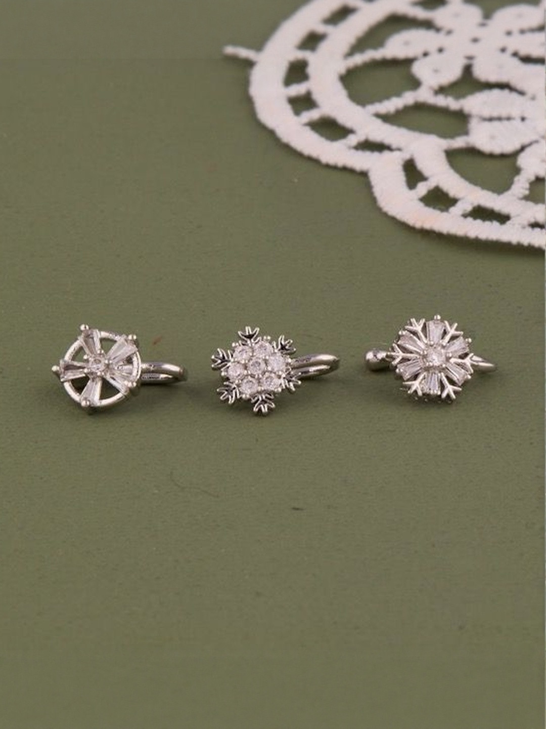 GC PREMIUM JEWELLERY Set Of 3 Silver-Plated Cubic Zirconia Studded Stud Nosepin