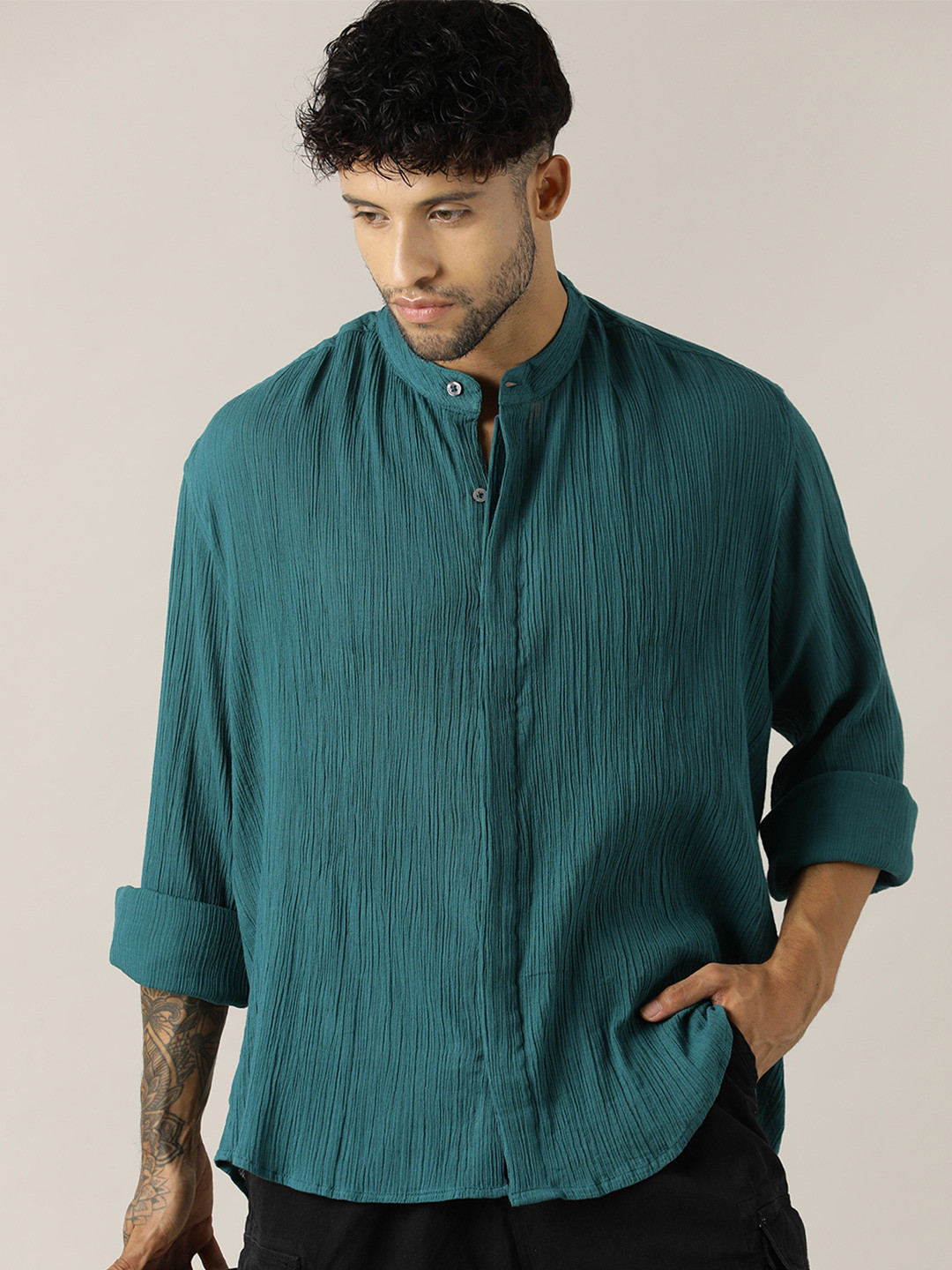 Paper Cut Men Relaxed Fit Textured Band Collar Cotton Casual Shirt