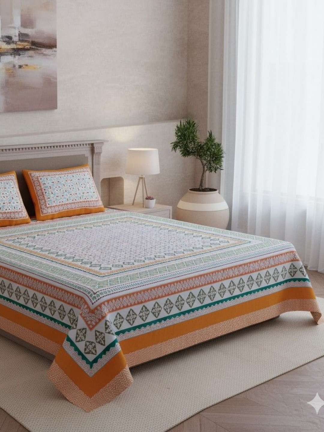 SWITCHON Mustard & White 220 TC Cotton Super King Bedsheet With 2 Pillow Covers