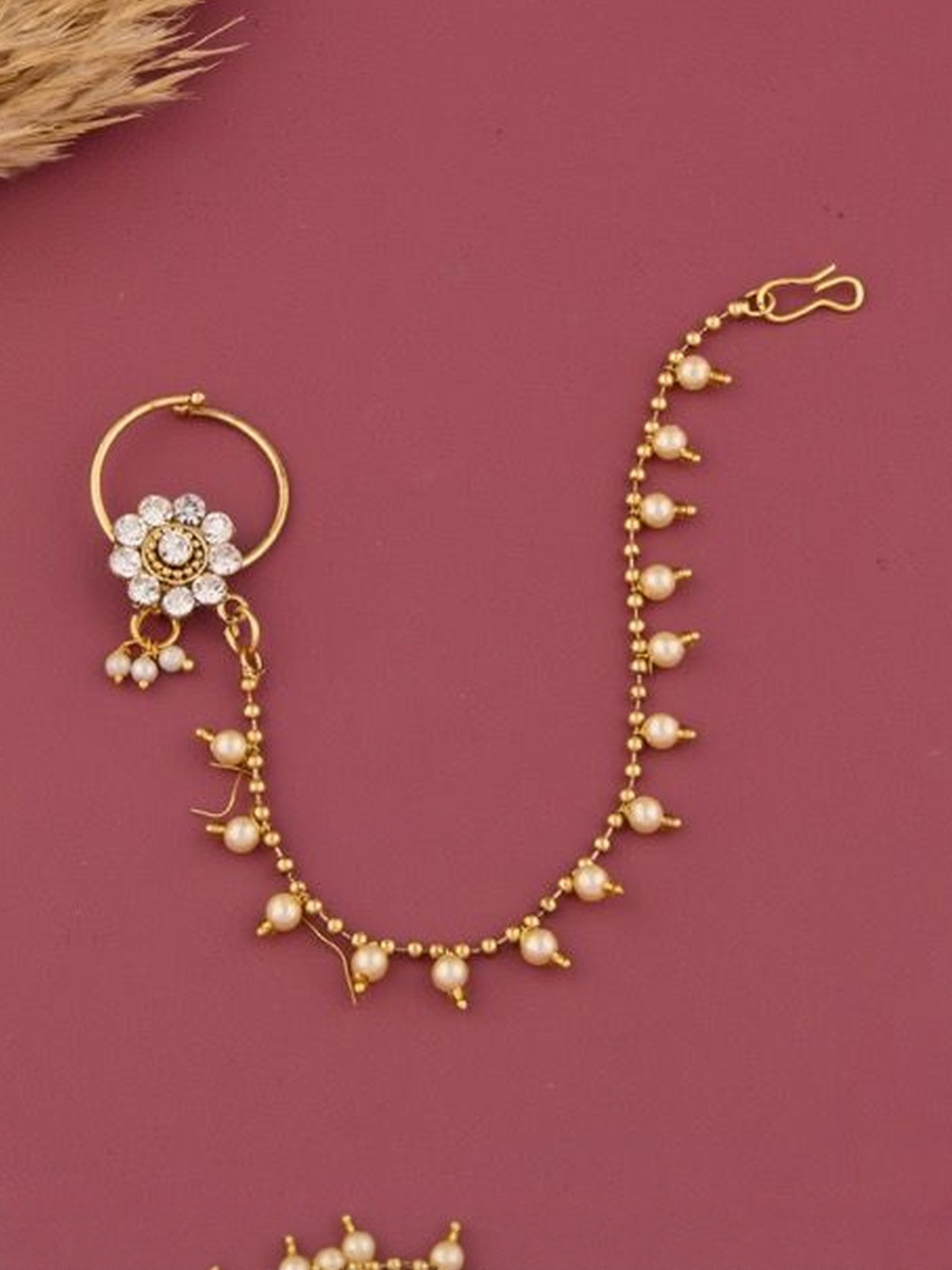 GC PREMIUM JEWELLERY Gold-Plated CZ Studded And Pearls Beaded Ring Nosepin With Chain