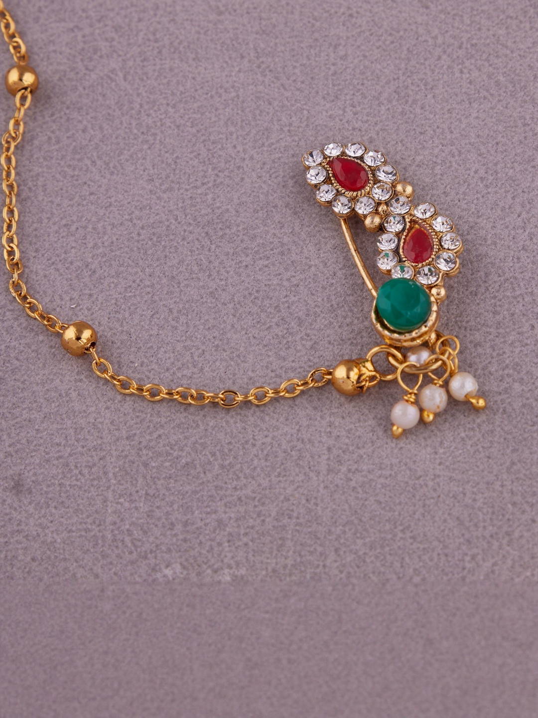 GC PREMIUM JEWELLERY Gold-Plated Cubic Zirconia Studded And Pearls Beaded Stud Nosepin