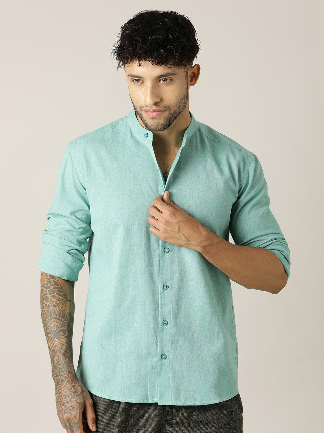 Paper Cut Relaxed Mandarin Collar Roll-Up Sleeves Cotton Shirt