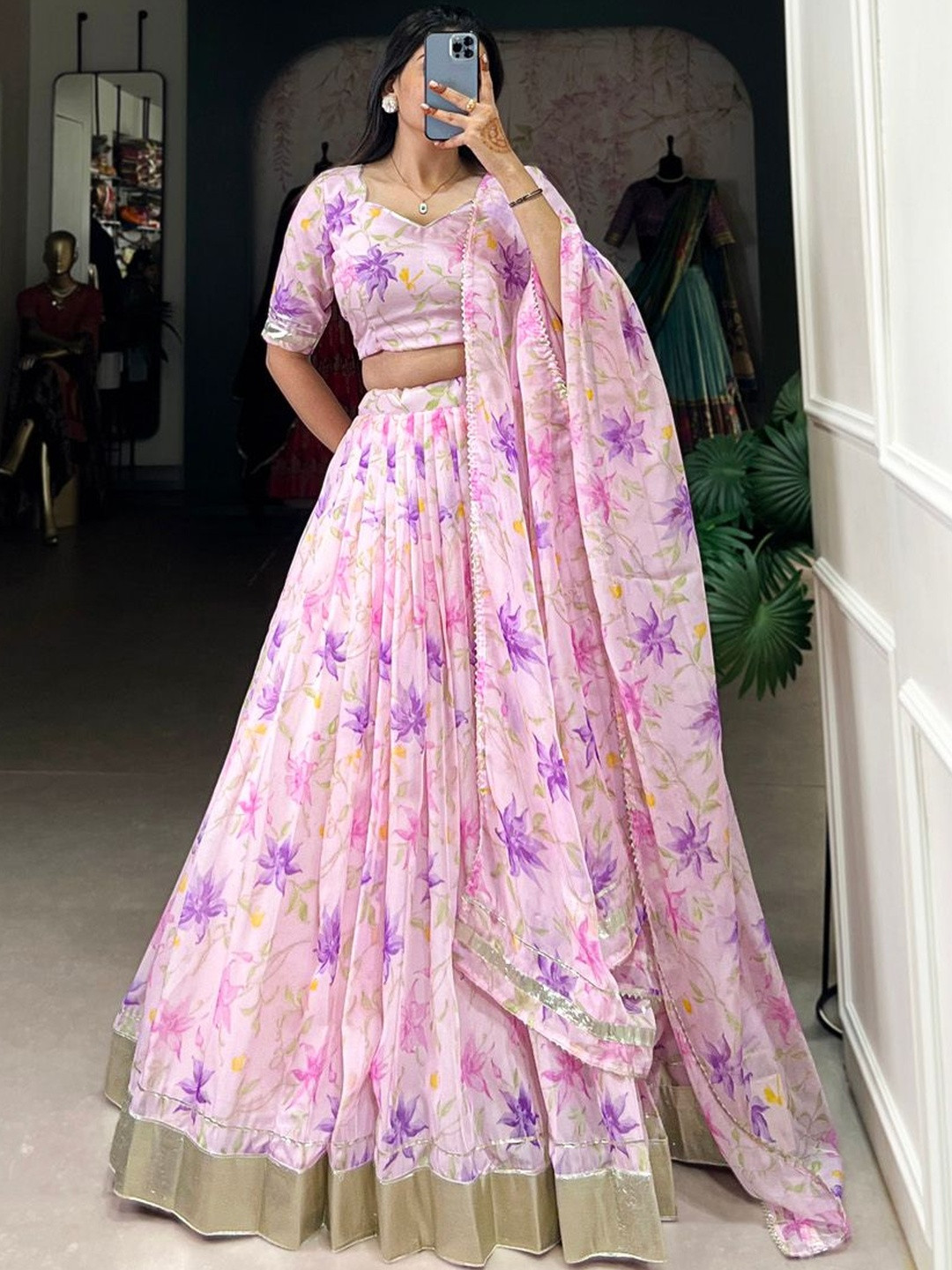 LOOKNBOOK ART Women Pink Floral Printed Tissue Lehenga & Unstitched Blouse With Dupatta
