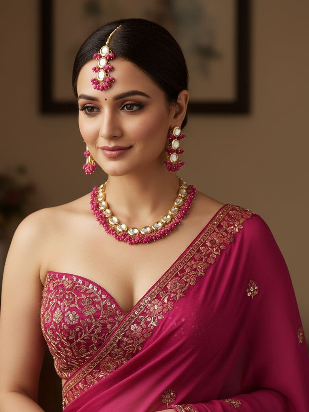 LUCKY JEWELLERY 18k Gold Plated Meenakari Kundan Studded & Beaded Choker Set