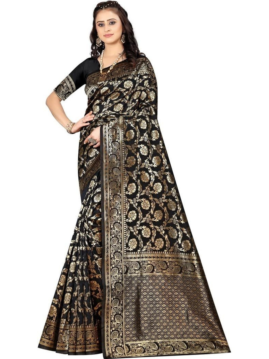 Snofi Creation Woven Design Zari Heavy Work Kanjeevaram Saree with Blouse Piece
