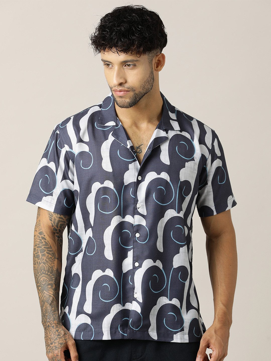 Paper Cut Men Abstract Printed Linen Relaxed Fit Shirts