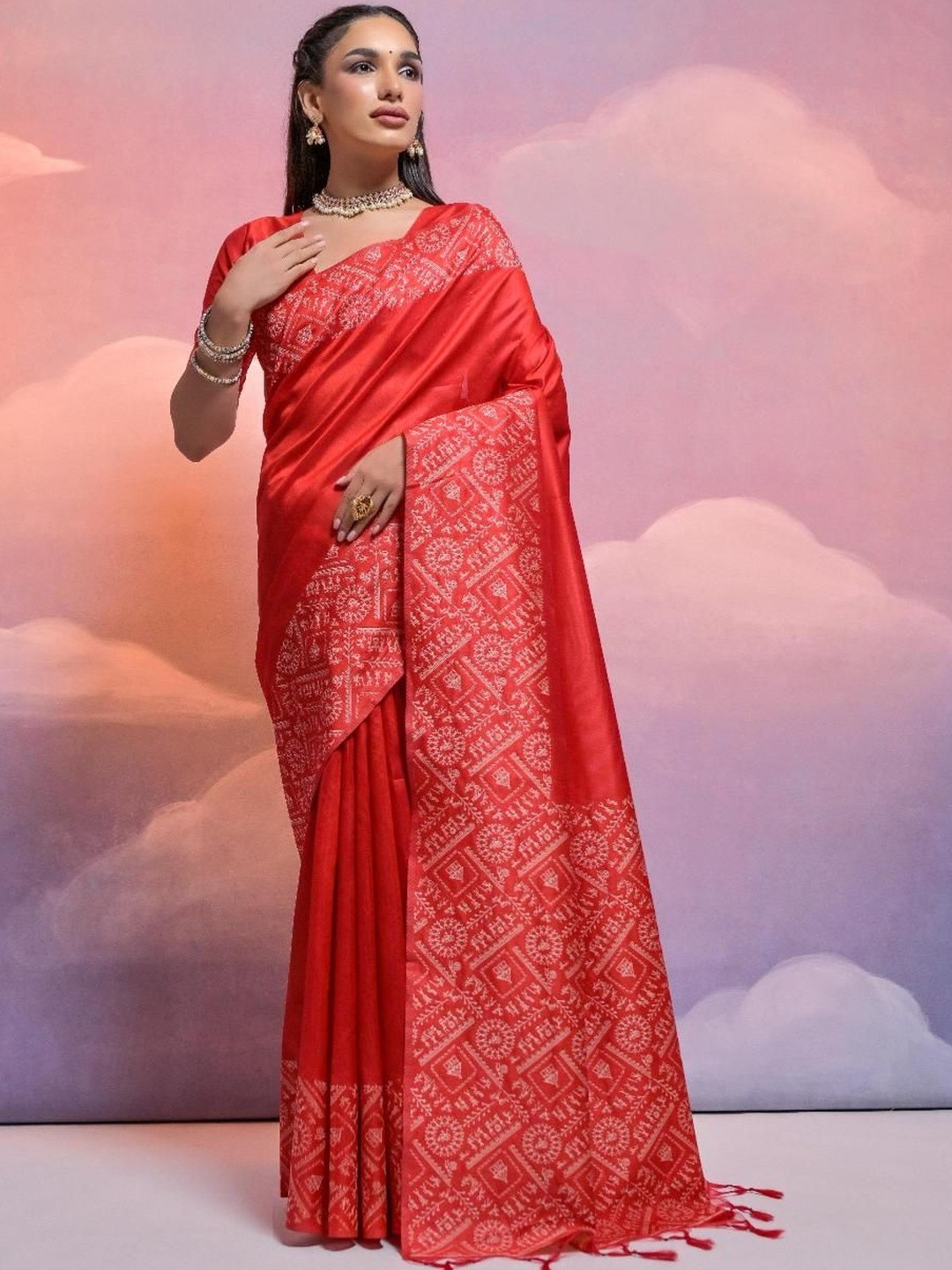 NIKATT Solid Warli Woven Design Border Banarasi Saree