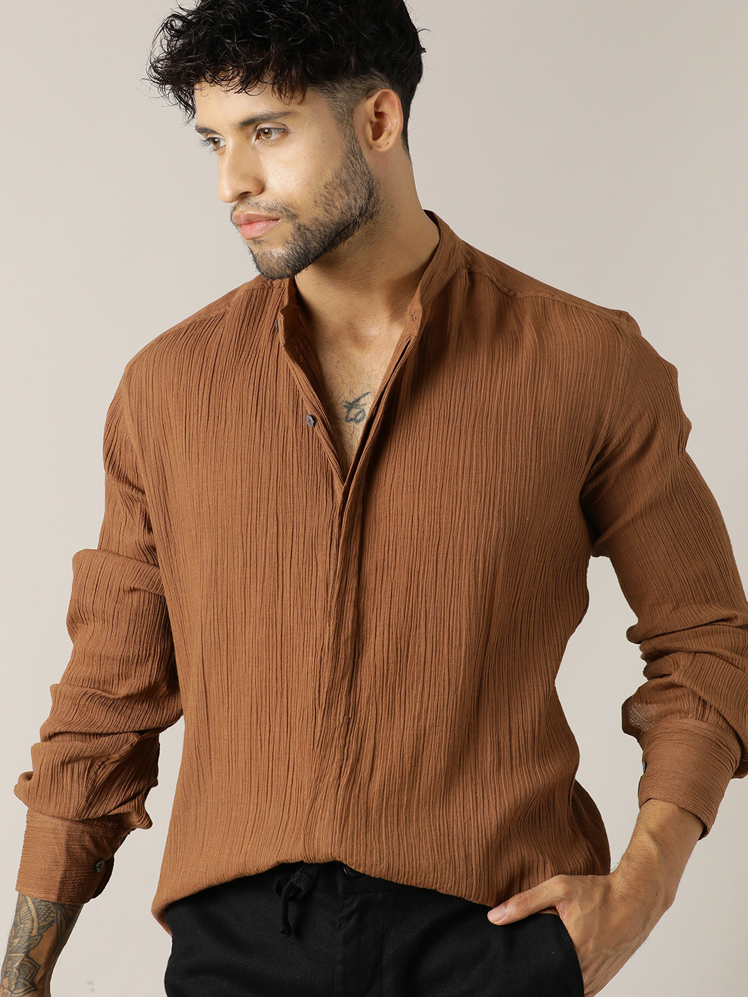 Paper Cut Relaxed Fit Textured Band Collar Cotton Shirt