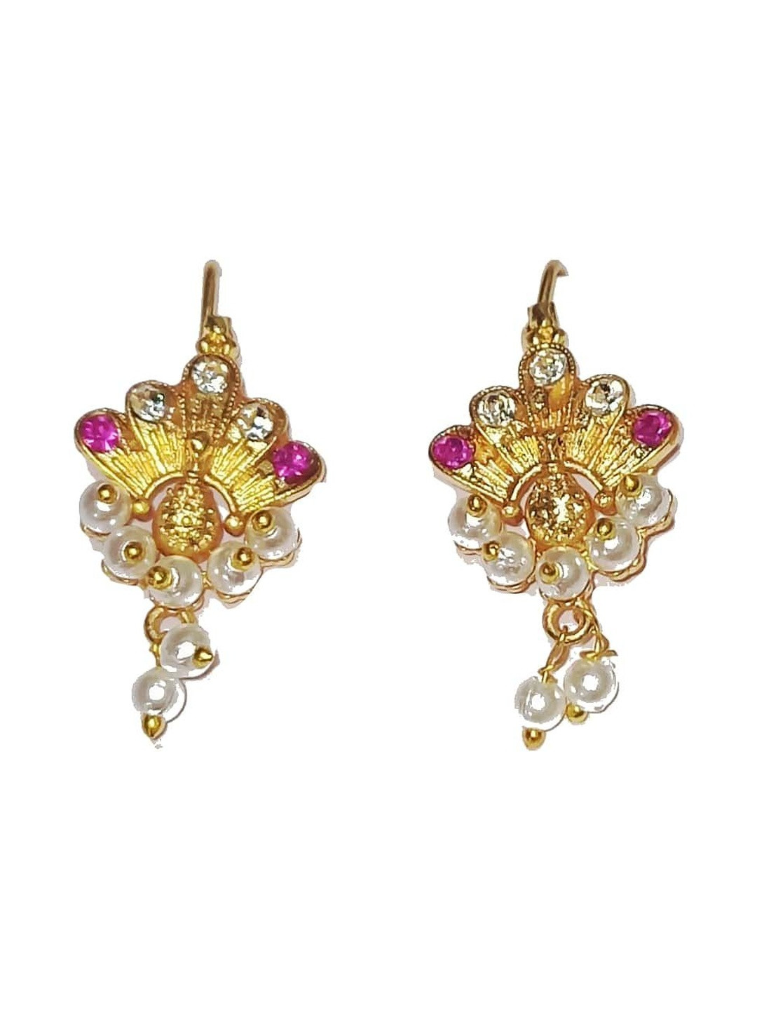 Traditional Golden & Pink Maharashtrian Press Clip On Bugdi Earrings