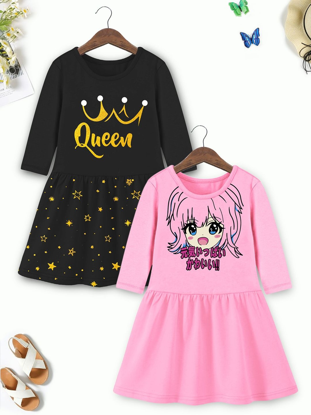 HERE&NOW Girls Pack of 2 Graphic Printed Round Neck Cotton A-Line Dress