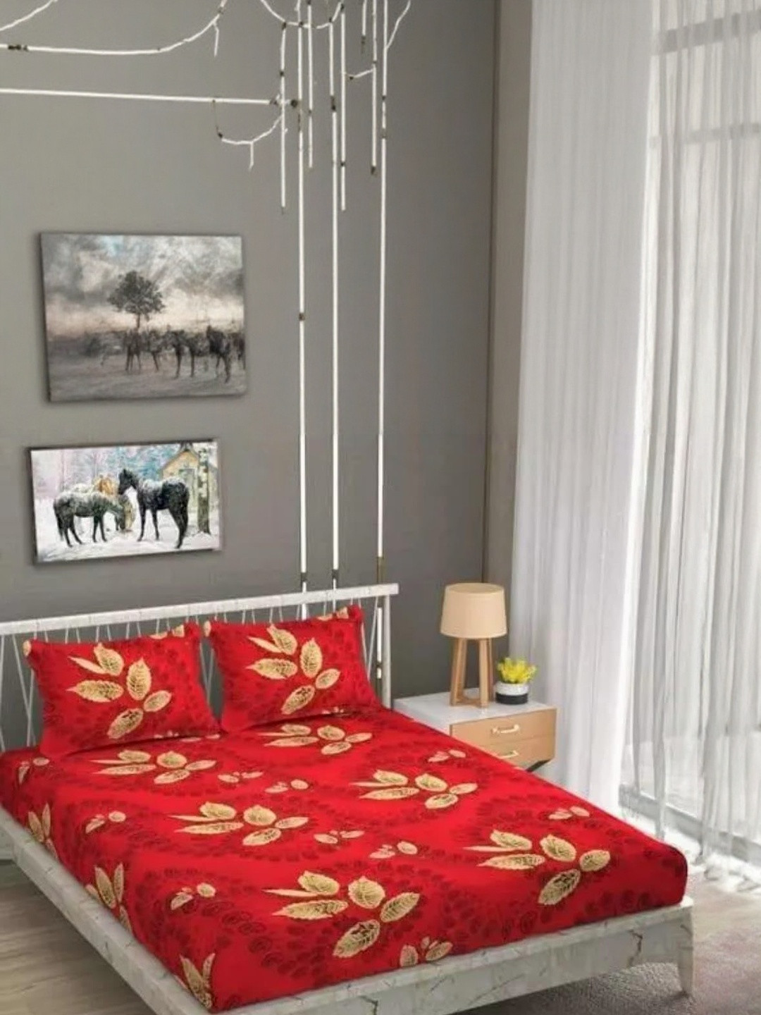 NEW TOWN 210 TC Cotton Fitted Queen Bedsheets With 2 Pillow Covers