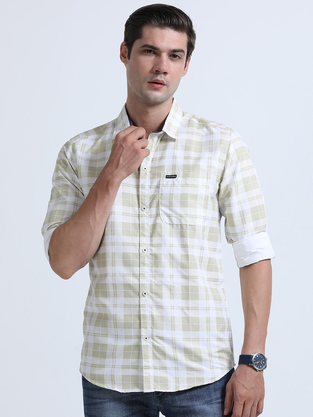 Rocket Science Checked Spread Collar Roll-Up Sleeves Comfort Slim Fit Casual Shirt