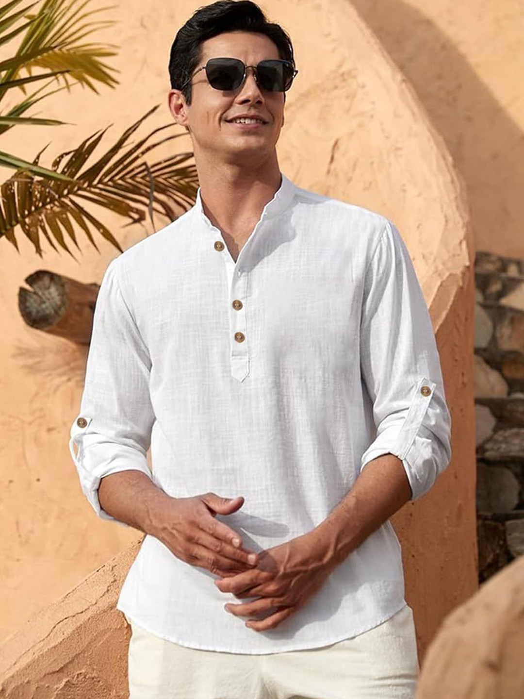 EdinWolf Men Solid Daily Band Collar Roll-Up Sleeves Cotton Straight Kurta