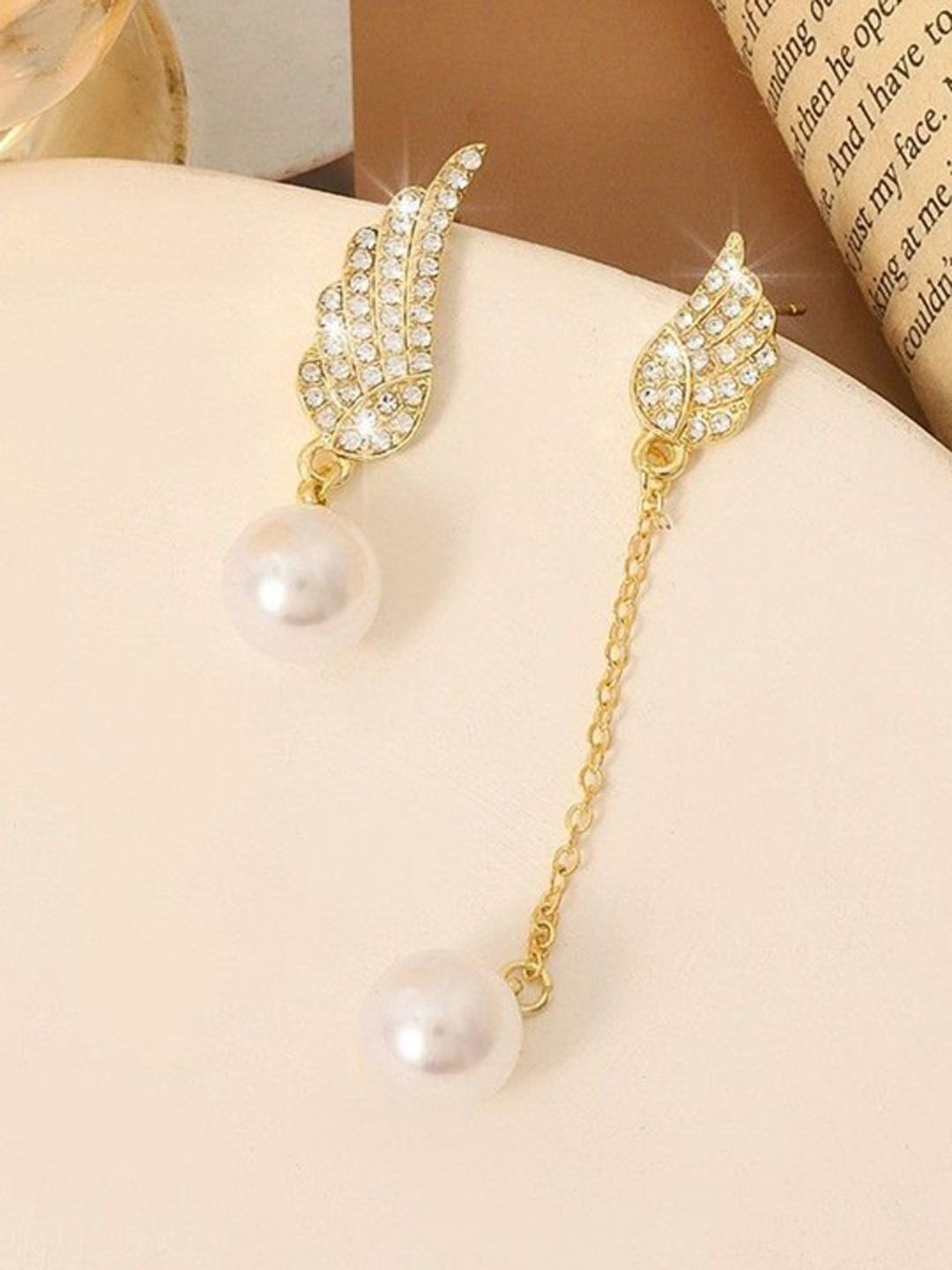 styledose Sterling Silver Gold-Plated Stones Studded Korean Mismatch Feather Drop Earrings