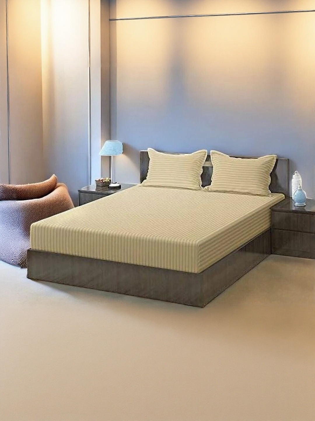 WELLNEST Beige 300 TC Cotton Fitted Queen Bedsheets