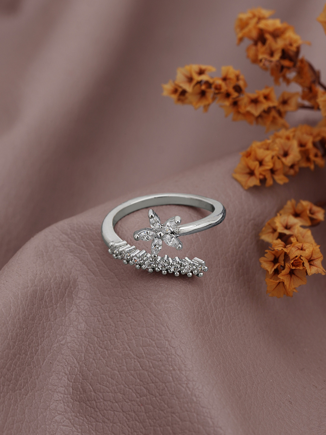 Carlton London Silver Plated CZ Floral Adustable Ring